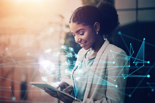 Girl holding tablet with cyber lines